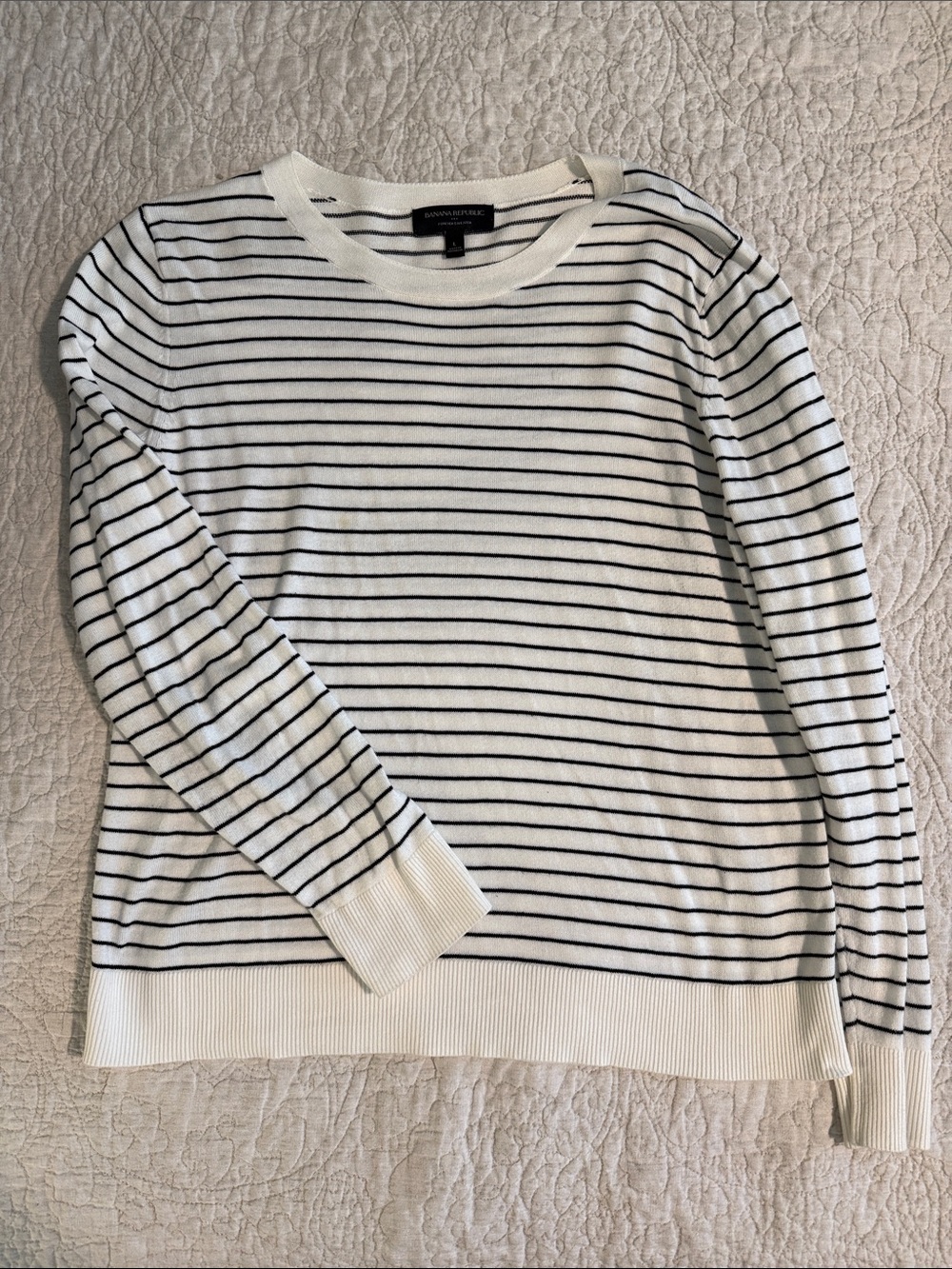 Banana Republic Factory White Crewneck Sweater with Black Stripes